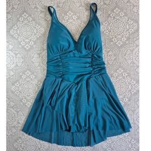 Blooming Jelly Womens Teal Ruched Skirted Swim Dress V Neck One Piece Size L